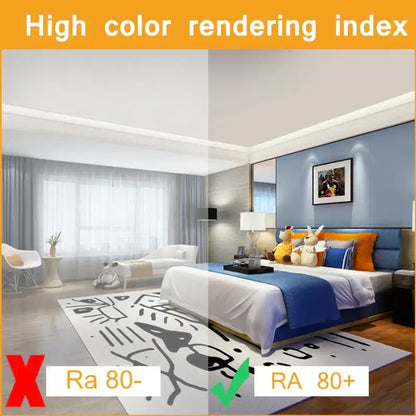Blue upholstered bed with white bedding and orange pillows illuminated by DecorBites led highlight lamps for home decor