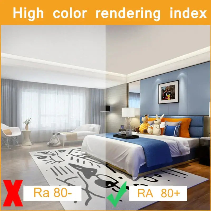 Blue upholstered bed with white bedding and orange pillows illuminated by decorbites led highlight lamps 220v e27 led
