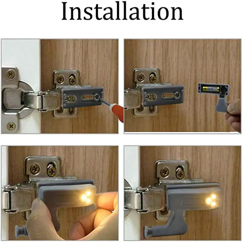 Gray plastic decorbites led hinge sensor with integrated led light and battery compartment for cabinets and wardrobes