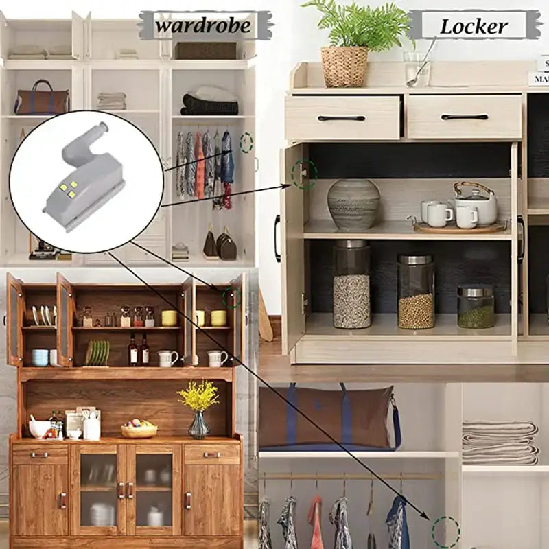 Gray decorbites led hinge sensor lights with three bulbs and angular design for cabinet wardrobe kitchen closet use
