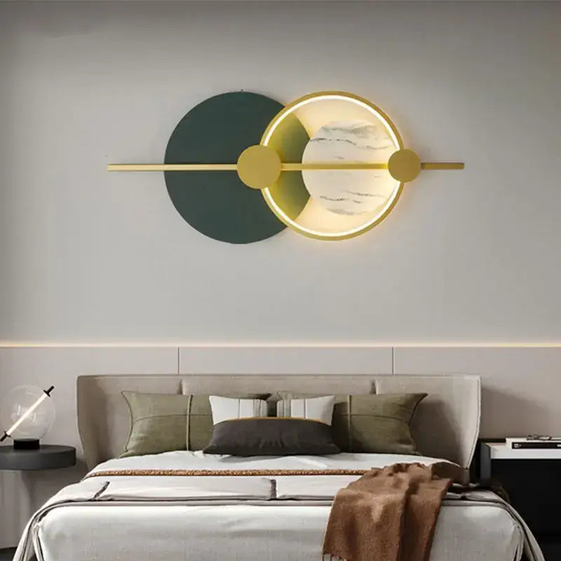 Modern geometric wall lamp by decorbites led home with gold frame marble-effect panel and dark green matte circle for indoor use