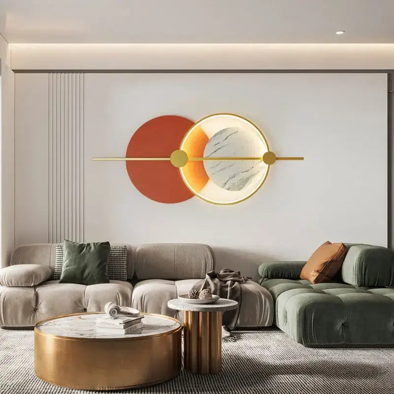 Modern abstract decorbites led home wall lamp with overlapping orange and marble circles framed by sleek gold accents