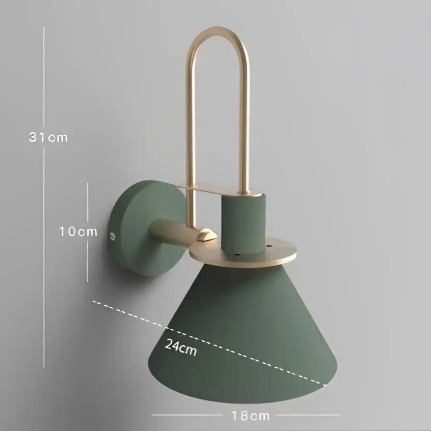 A sleek modern decorbites led horn wall lamp with a matte sage green shade and polished brass accents for home decor