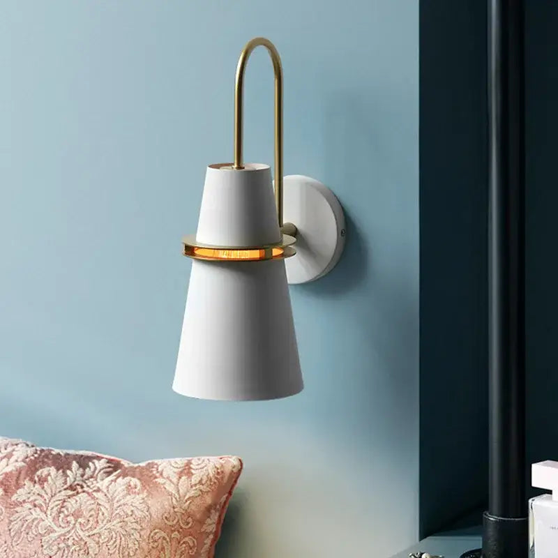 White ceramic wall lamp with gold-toned metal arch and accent ring decorbites led horn wall lamp for modern decor