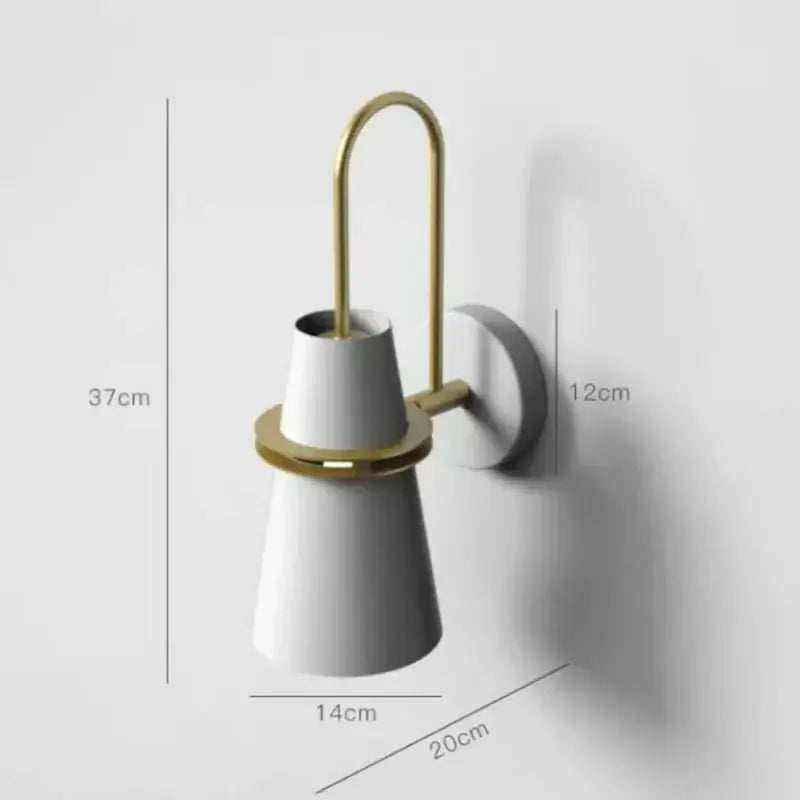 Modern white conical wall lamp with gold-toned metal arm and circular base decorbites led horn wall sconce