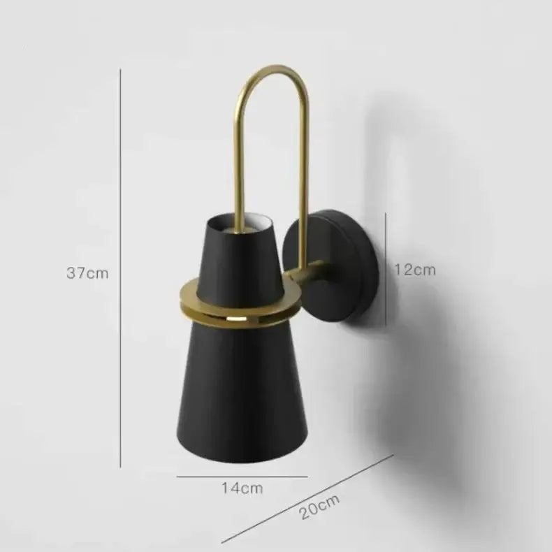 Black conical DecorBites led horn wall lamp with gold metal arm and circular mount for modern home decor lighting