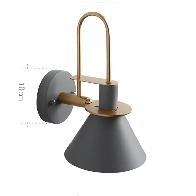 Industrial-style decorbites led horn wall lamp with matte gray conical shade and brass metal arms for modern home decor