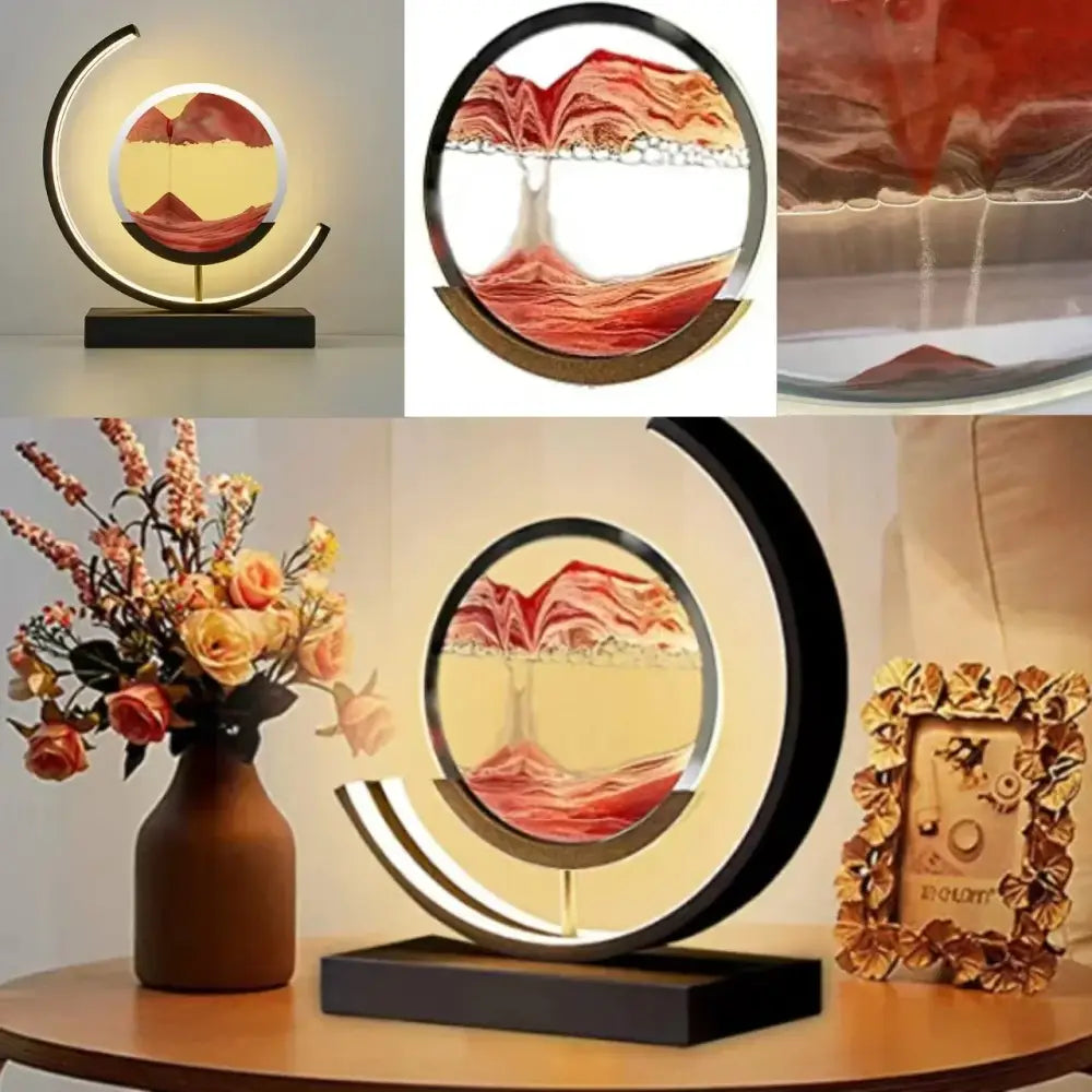Black crescent-shaped decorbites led hourglass with glowing led light and flowing red orange yellow sand in glass enclosure
