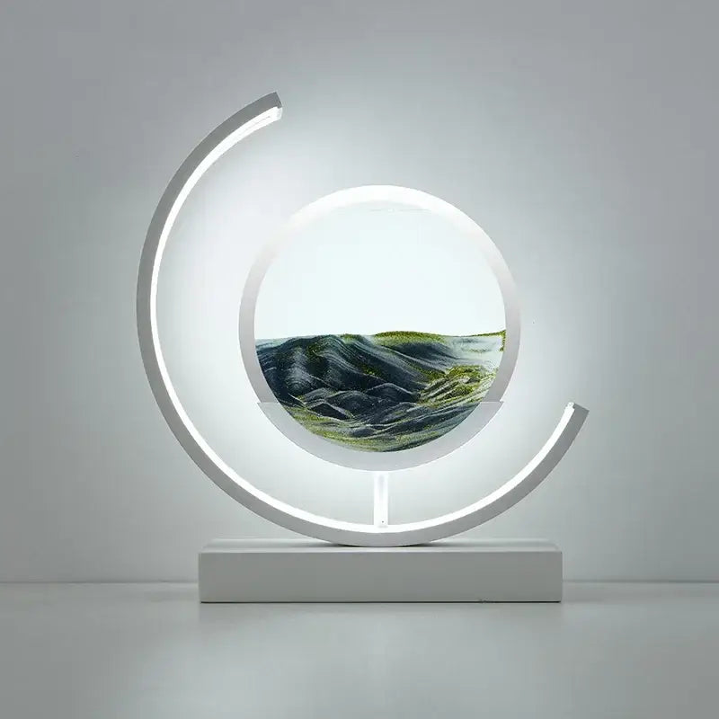 Modern white decorbites led hourglass lamp with led crescent frame and sand art landscape for desk decor and night light