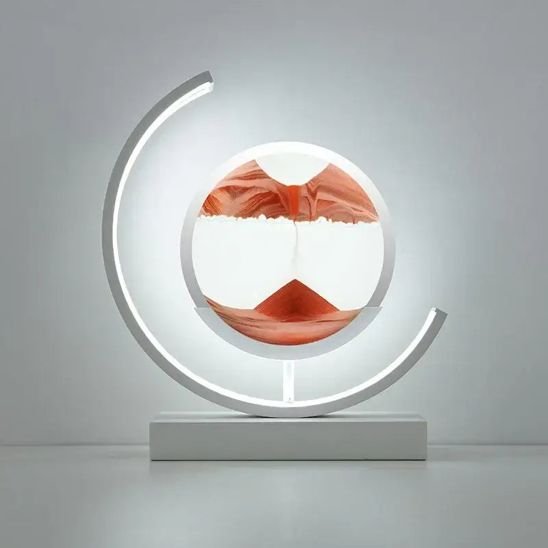 Modern white led crescent-shaped decorbites led hourglass lamp with glowing frame and orange hourglass quicksand design