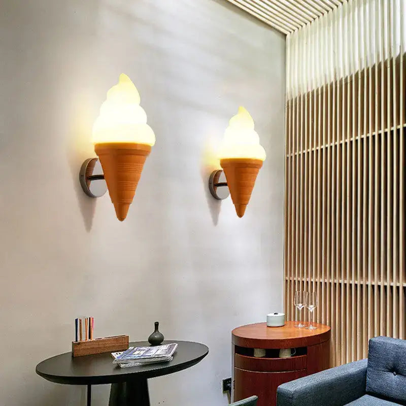 Decorbites led ice cream wall lamp with golden-brown textured cone and warm yellow light for children’s bedroom lighting