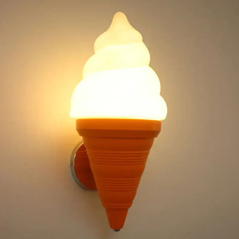 Orange cone-shaped wall lamp with glowing white ice cream scoop top decorbites led ice for kitchen and kids bedroom lighting