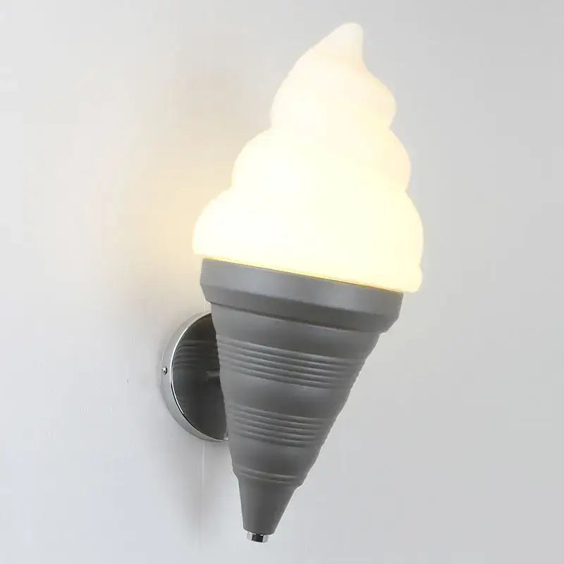 Gray ice cream cone-shaped DecorBites LED ice wall lamp with glowing white top for kitchen and children’s bedroom lighting