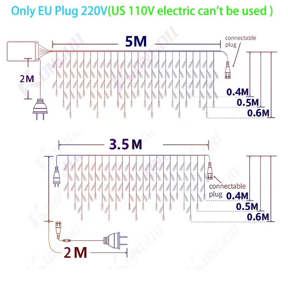 Decorbites™ led icicle string lights with 5m white led icicle string and 2m power cord with eu plug for outdoor decor