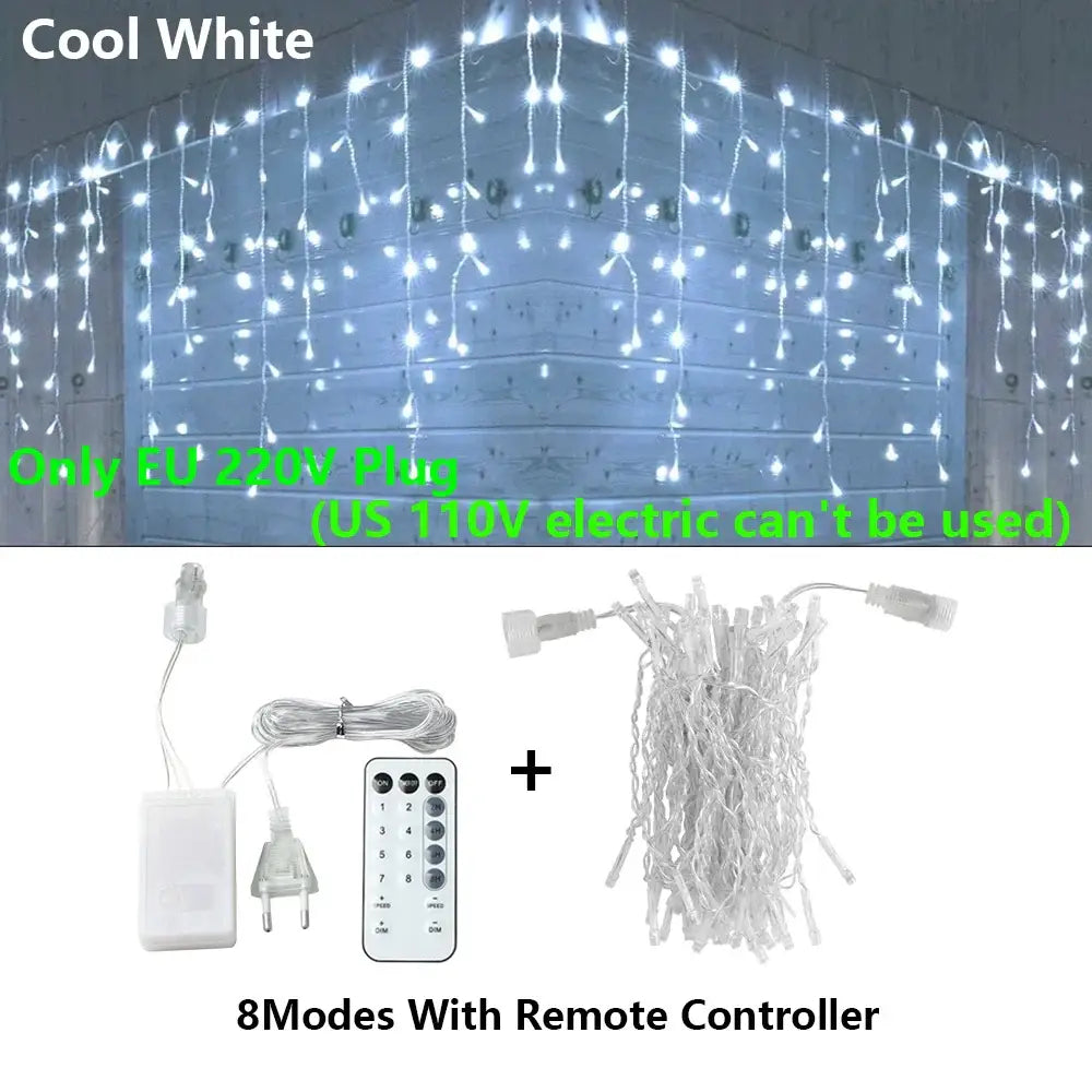 Decorbites™ cool white led icicle string lights with 8-mode remote and eu plug for outdoor holiday decor