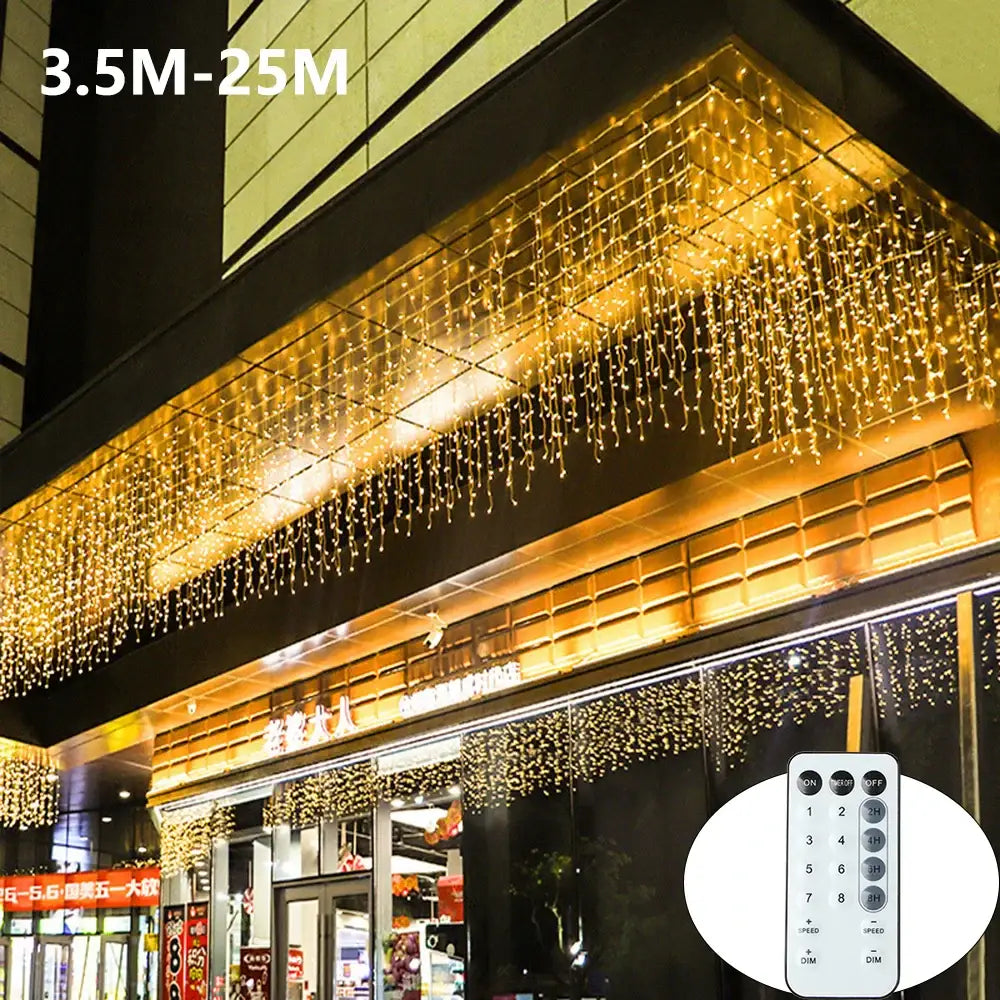 Decorbites™ led icicle string lights in warm white illuminated golden icicle strands for outdoor holiday decor