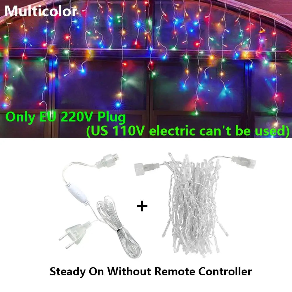 Multicolor led icicle string lights by decorbites with white power cord and eu plug for steady-on outdoor holiday decor