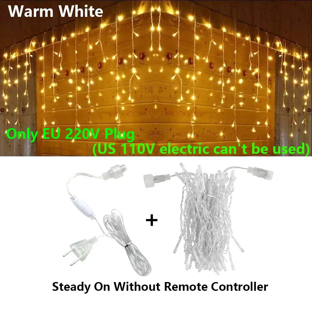 Warm white led icicle string lights with steady-on feature and eu 220v plug for outdoor holiday decor by decorbites