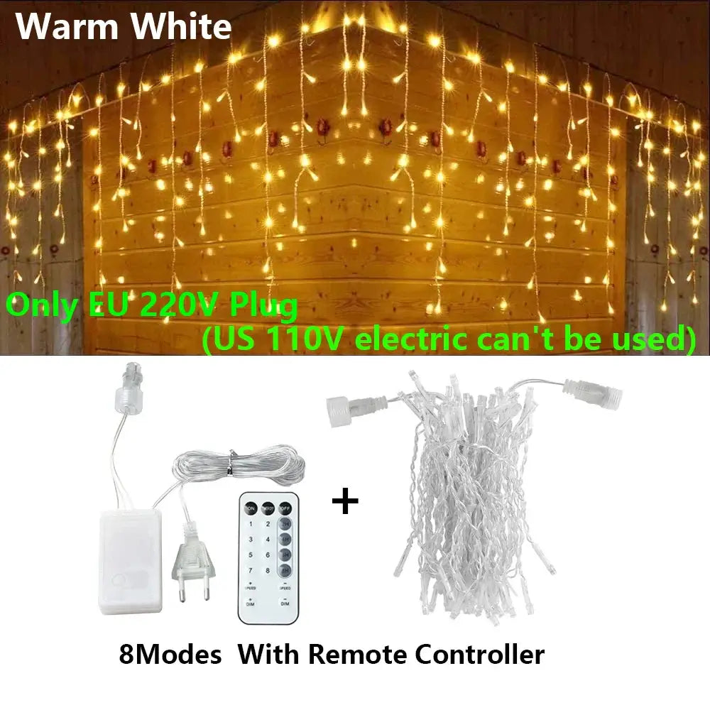 Decorbites™ warm white led icicle string lights with eu 220v plug, remote, and eight lighting modes for outdoor use