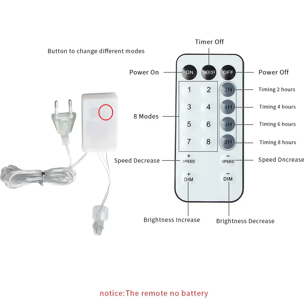 White remote control with black buttons for power timer speed brightness and mode for decorbites led icicle string lights