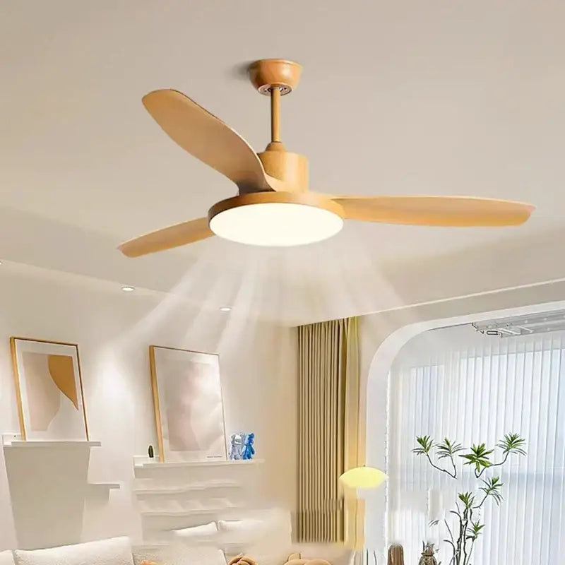 DecorBites™ ceiling fan lights with four light wood blades and integrated circular LED light for indoor use