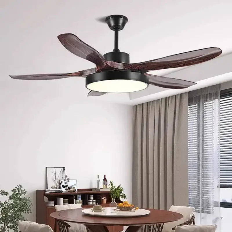 Decorbites™ led indoor black ceiling fan with five dark wood blades and circular light fixture for living room ceiling fan lights