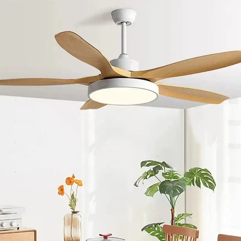 DecorBites™ LED indoor ceiling fan lights with five light wood blades and white housing featuring integrated LED light
