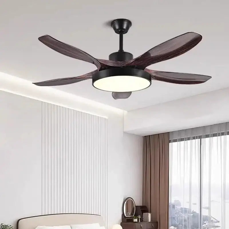 Dark wood-finish decorbites™ ceiling fan with five blades and circular led fan lights for indoor living spaces