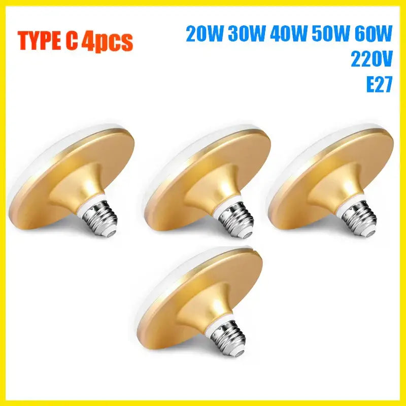 Set of four gold-finished DecorBites™ LED indoor ceiling lamps with e27 screw bases and white diffuser panels