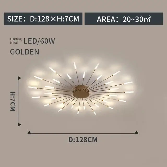 Golden metal ceiling light with led bulbs in radial sunburst design for decorbites led indoor ceiling use