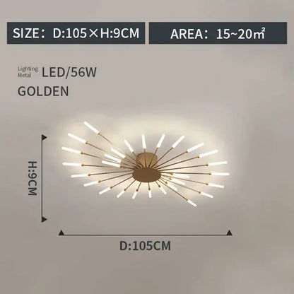 Decorbites led indoor ceiling light with golden metal radial starburst design for modern bedroom and living room decor