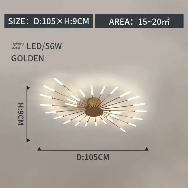 Decorbites led indoor ceiling light with golden metal radial starburst design for modern bedroom and living room decor