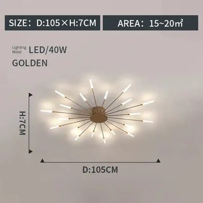 Golden metal decorbites led indoor ceiling light with led bulbs in a radial starburst design for modern interior use