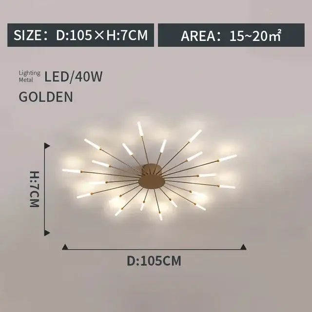 Golden metal decorbites led indoor ceiling light with led bulbs in a radial starburst design for modern interior use