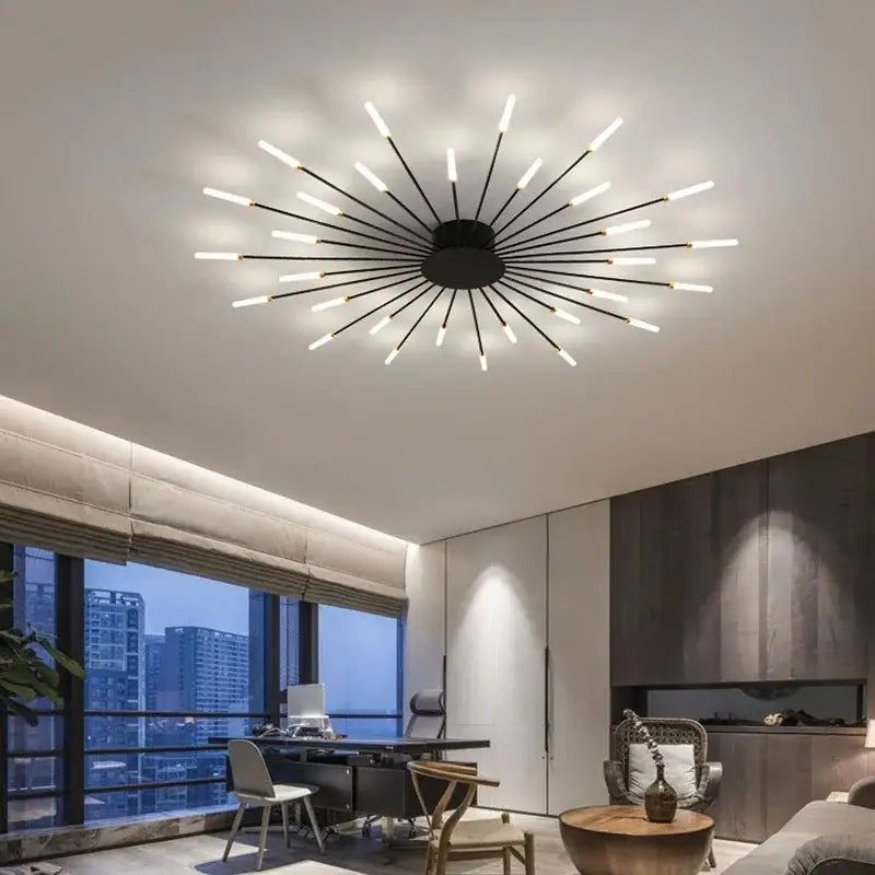 Black starburst ceiling light with multiple slender arms and glowing led bulbs from DecorBites LED indoor ceiling collection