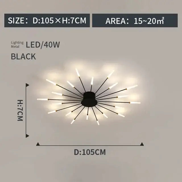 Black metal decorbites led indoor ceiling light with multiple led arms radiating outward for modern bedroom use