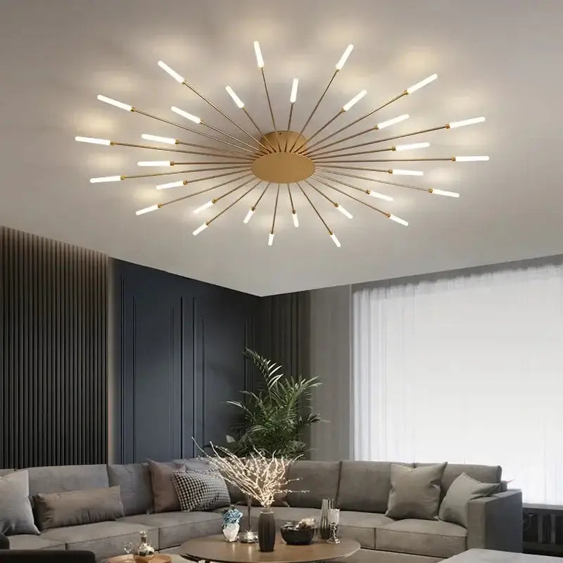 Gold-toned starburst decorbites led indoor ceiling light with slender rods and illuminated led bulbs for modern rooms