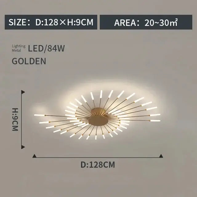 Golden metal DecorBites LED indoor ceiling light with LED bulbs in a radial sunburst design for modern decor
