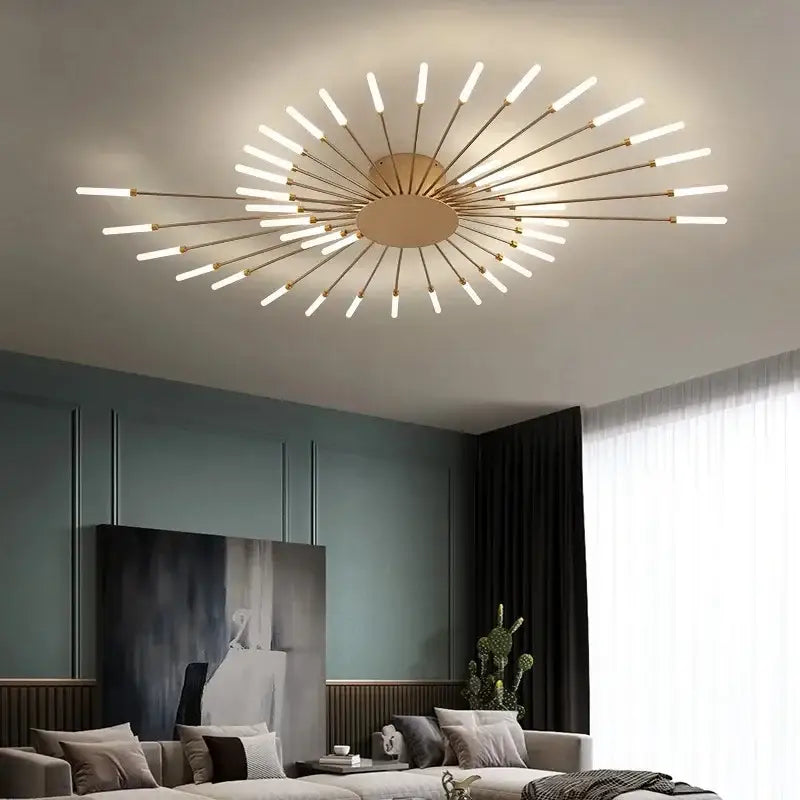 Gold-toned DecorBites LED indoor ceiling light with circular center and radiating arms featuring elongated white LED tubes