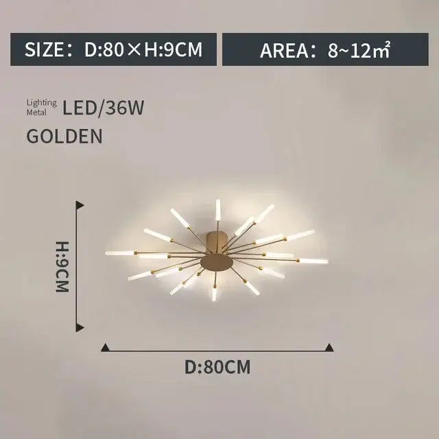 Golden metal decorbites led indoor ceiling light featuring radial starburst design with led bulbs for modern rooms
