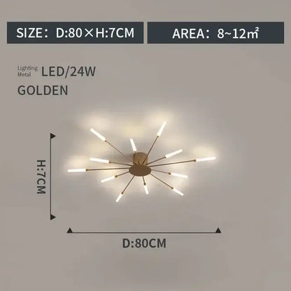 Golden metal decorbites led indoor ceiling light with multiple slender arms and led bulbs for bedroom and living room