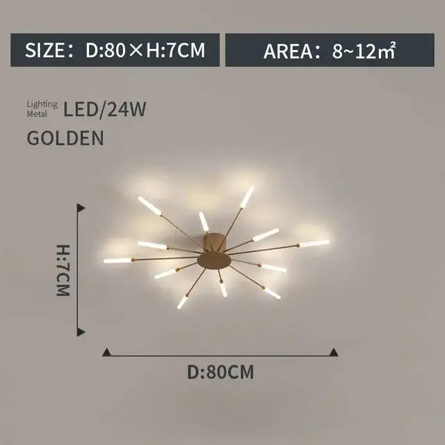 Golden metal decorbites led indoor ceiling light with multiple slender arms and led bulbs for bedroom and living room