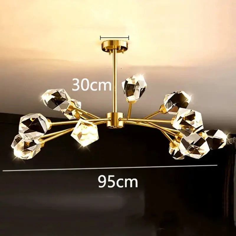 Gold-toned decorbites led indoor chandelier with multiple faceted crystal pendants for living room lighting