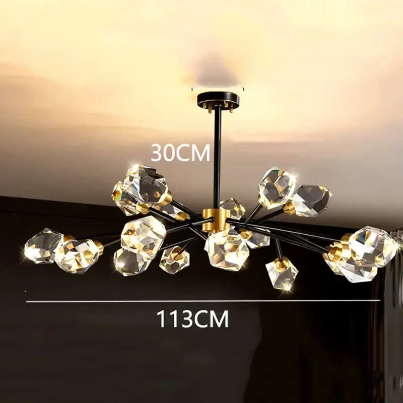DecorBites led indoor chandelier lighting with black stem gold accents and faceted crystal bulbs for living spaces