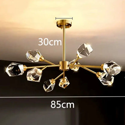 Gold-toned DecorBites LED indoor chandelier lighting with faceted crystal orbs for living room bedroom and dining room use