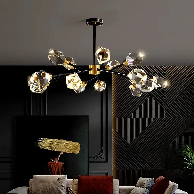 DecorBites led indoor chandelier lighting features black metal arms, gold accents, and faceted crystal glass globes