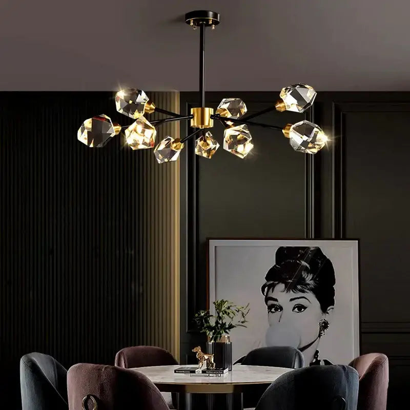 Decorbites led indoor chandelier lighting with black rod gold accents and faceted crystal bulbs for living spaces