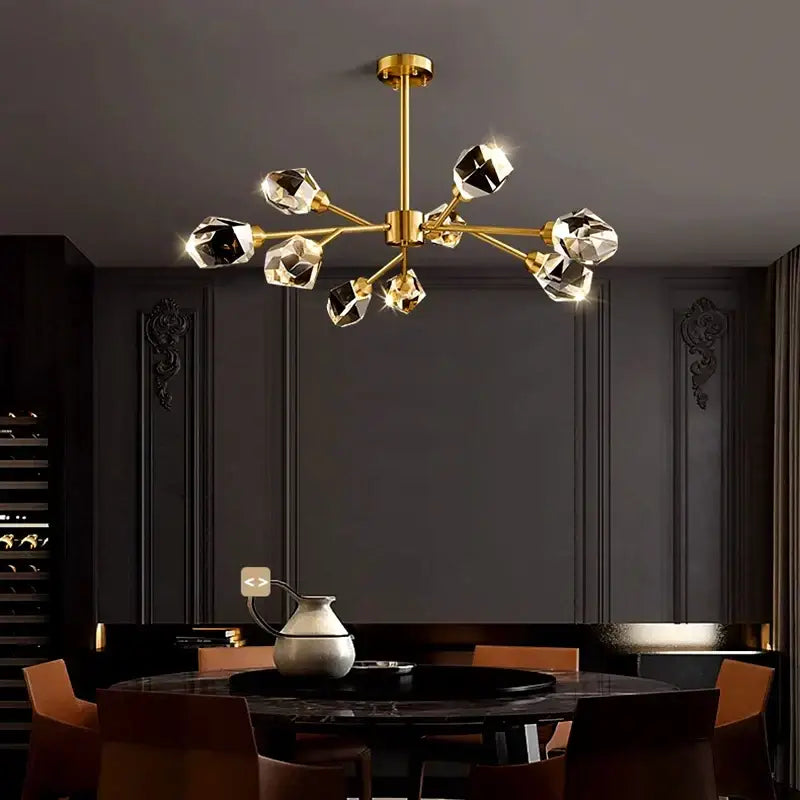 Gold-toned DecorBites led indoor chandelier with faceted crystal bulbs for living room bedroom and dining room lighting