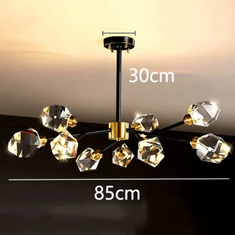 DecorBites LED indoor chandelier lighting with black rod gold accents and faceted crystal bulbs for living room use