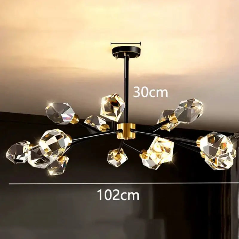 DecorBites led indoor chandelier with black stem gold accents and faceted crystal bulbs for indoor chandelier lighting